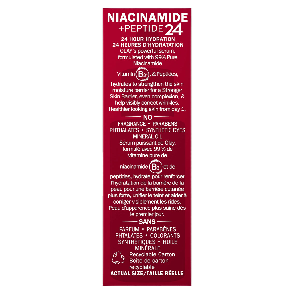 Olay Niacinamide + Peptide 24 serum provides 24-hour hydration for a stronger barrier.