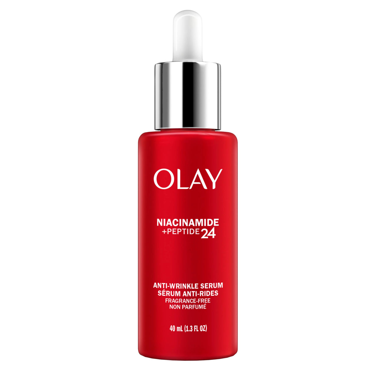 Olay Niacinamide + Peptide 24 serum bottle close-up, fragrance-free hydration.