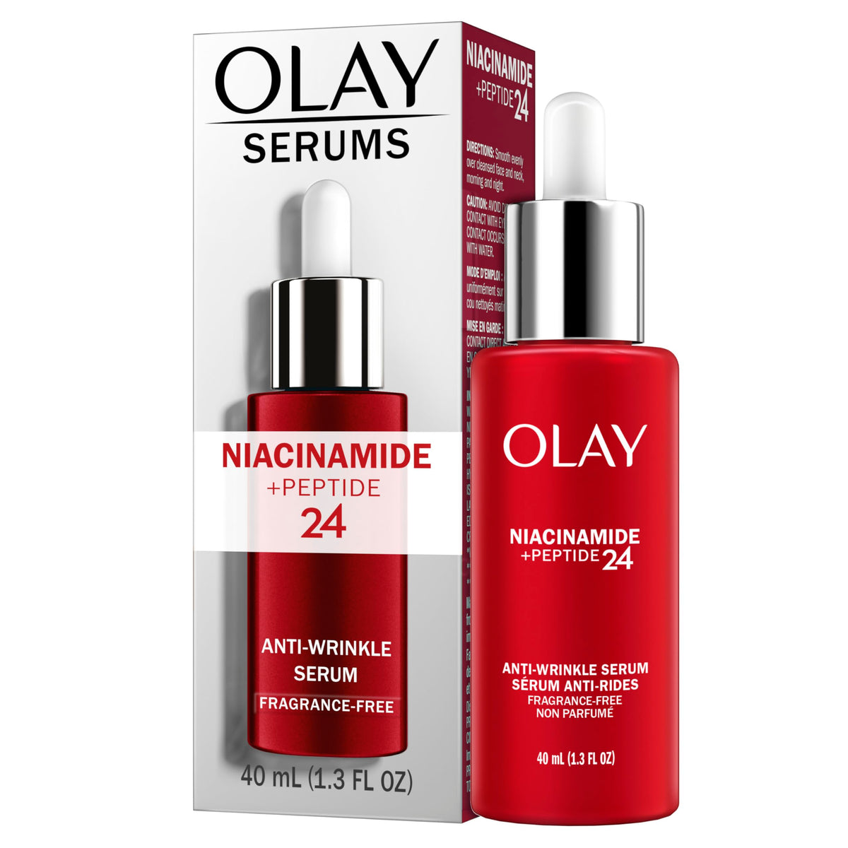 Olay Niacinamide + Peptide 24 serum applied on clean skin for even complexion.