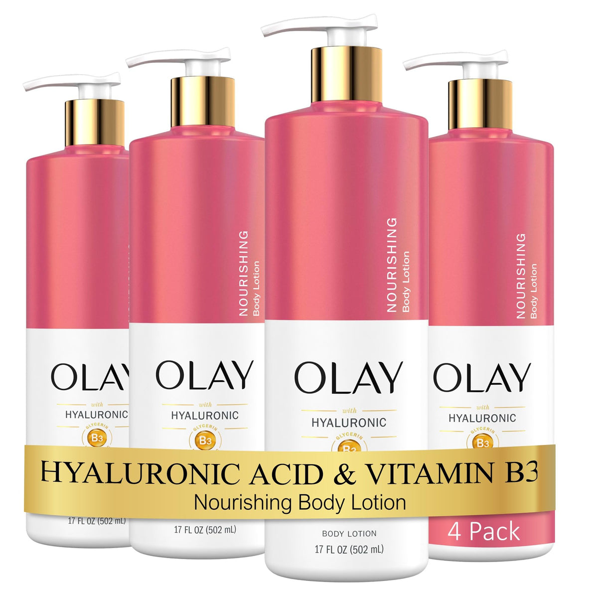 Olay Nourishing & Hydrating Body Lotion bottle pour demonstrates quick absorption for soft skin.