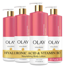 Olay Nourishing & Hydrating Body Lotion bottle pour demonstrates quick absorption for soft skin.