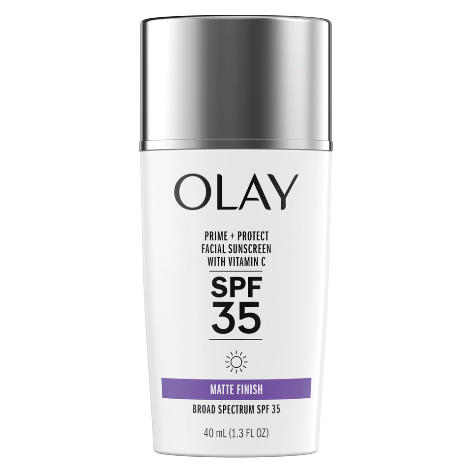 Olay Prime and Protect SPF 35 bottle ready for makeup priming