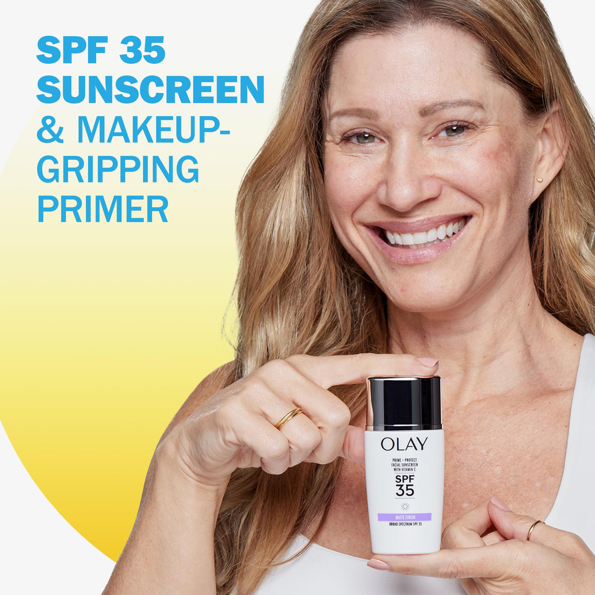 Olay Prime and Protect SPF 35 matte finish close-up shows shine-free skin