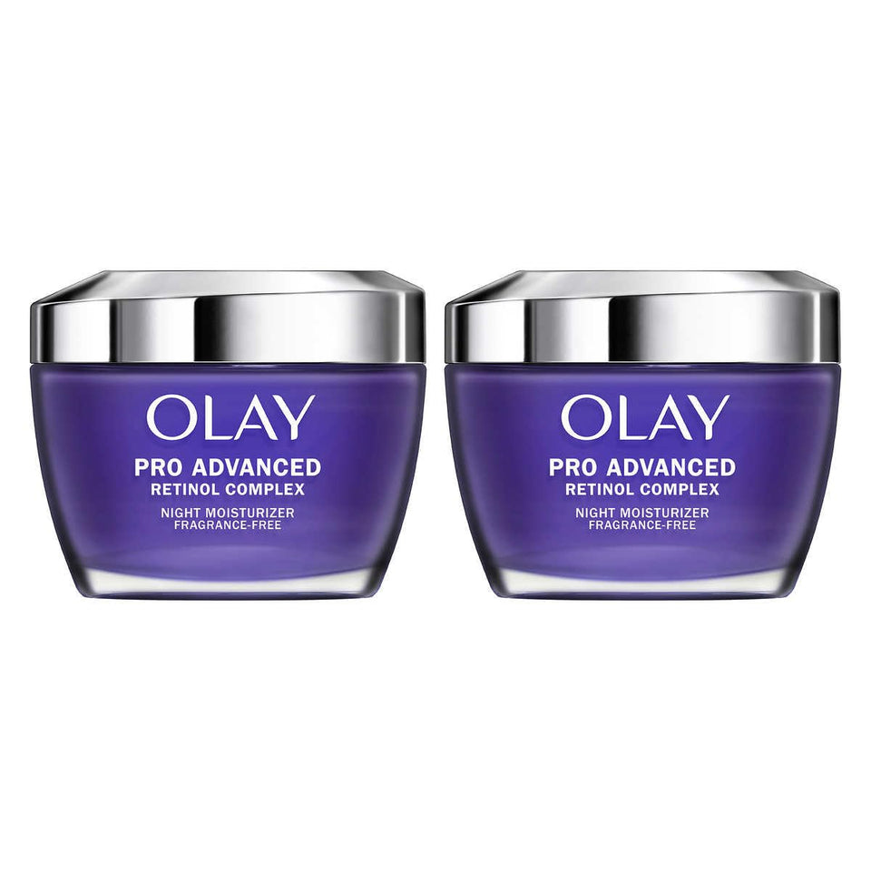 Olay Pro Advanced Retinol Complex Night Moisturizer bottle promotes smoother skin and brightness overnight.