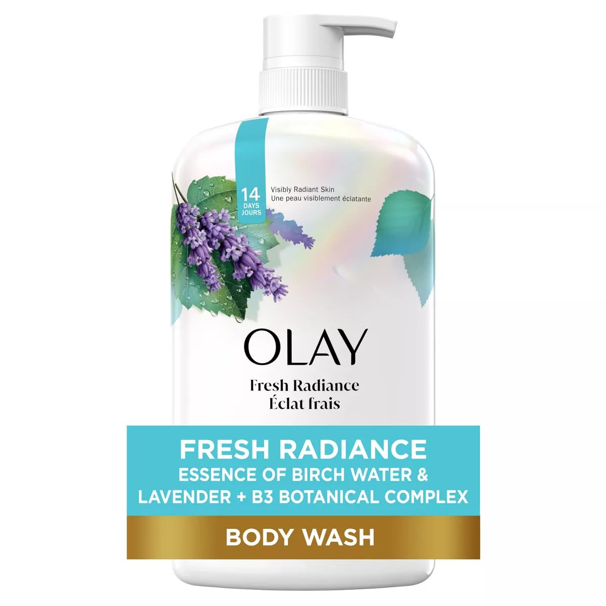 Olay Radiance Birch Water Lavender Body Wash bottle for a spa-like shower and hydrated skin