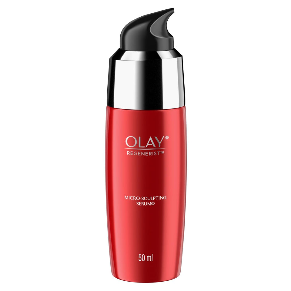 Olay Regenerist Advanced Anti-Ageing serum bottle highlights hydration for dry skin.