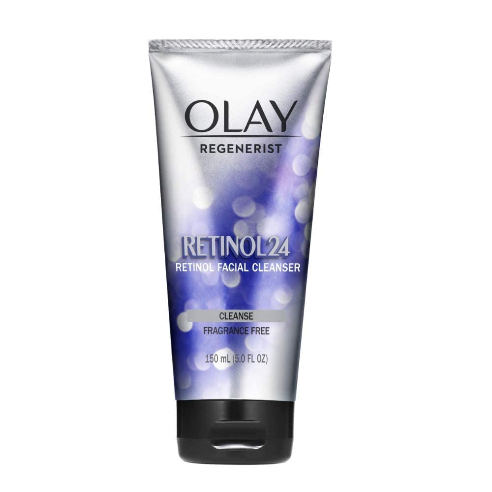 Olay Regenerist Retinol 24 face cleanser visual shows fragrance-free formula prepping skin for retinol routine