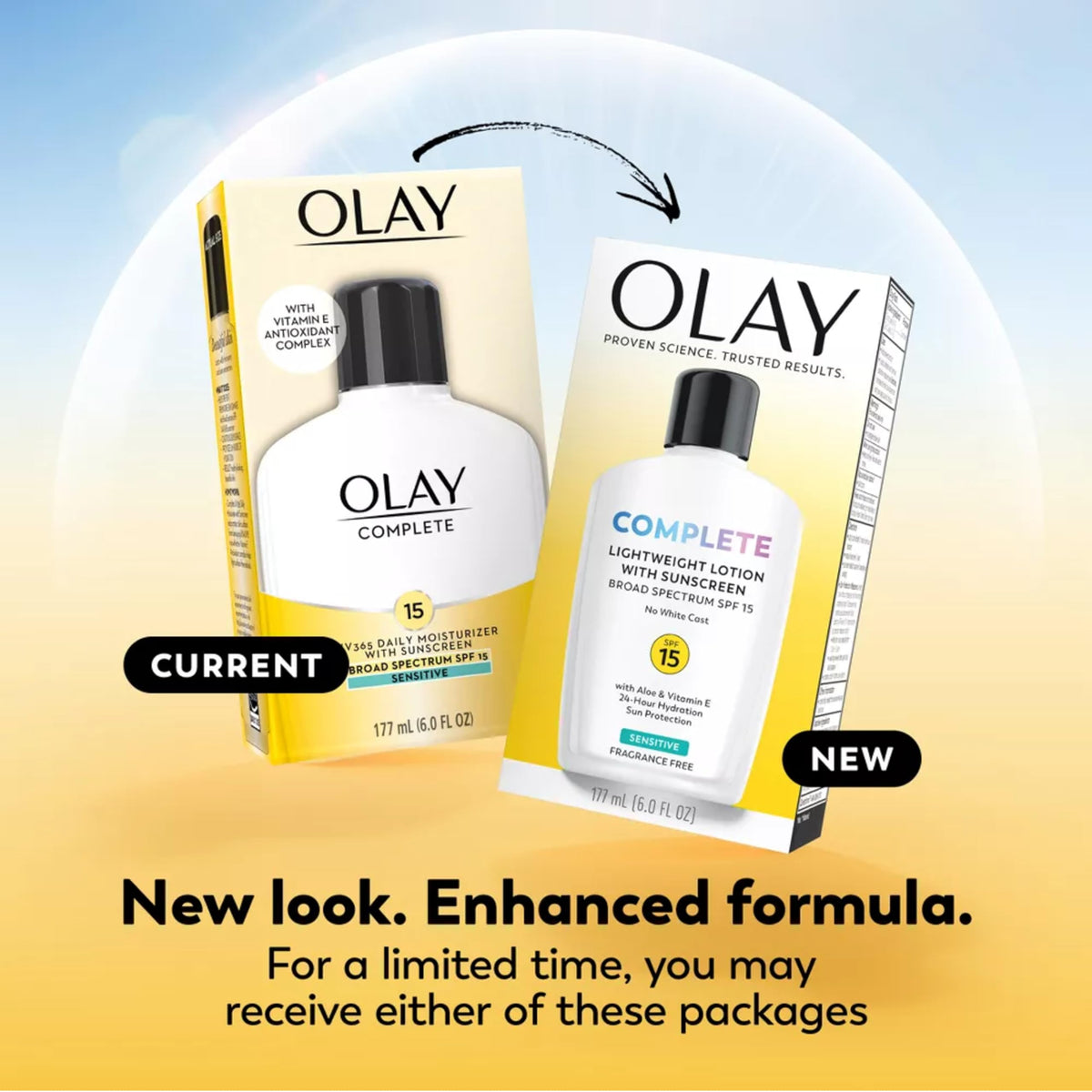 Olay SolaSheer technology visual emphasizes long-lasting hydration with sun shield.