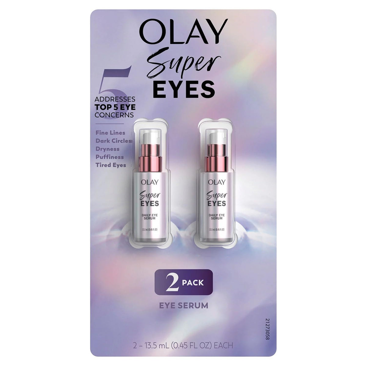 Olay Super Eyes serum bottle with pump for cooling under eye area.