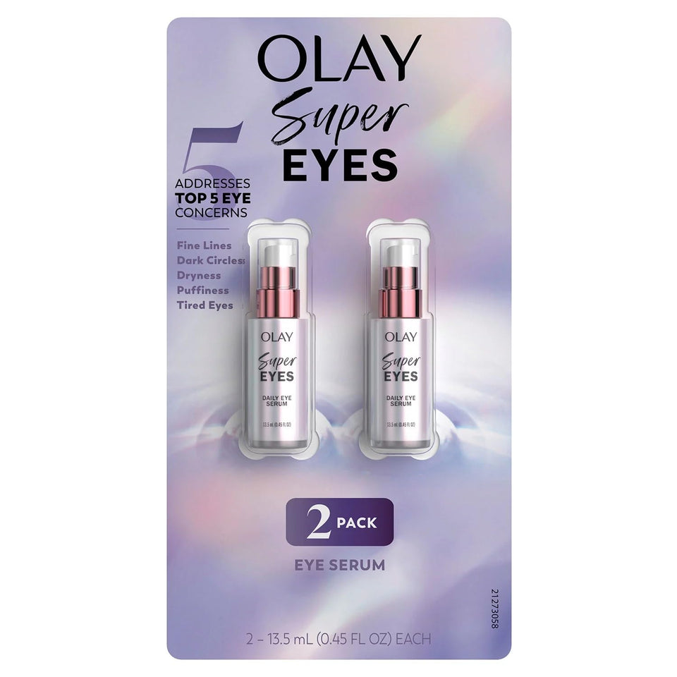 Olay Super Eyes serum bottle with pump for cooling under eye area.
