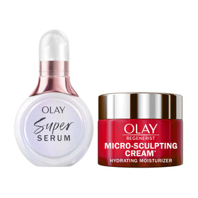 OLAY Super Serum mini bottle close-up highlighting glow-boosting ingredients for radiant skin.