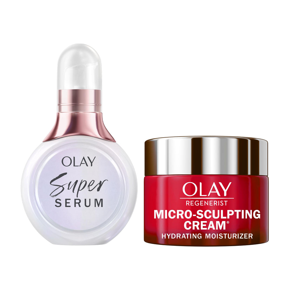 OLAY Super Serum mini bottle close-up highlighting glow-boosting ingredients for radiant skin.