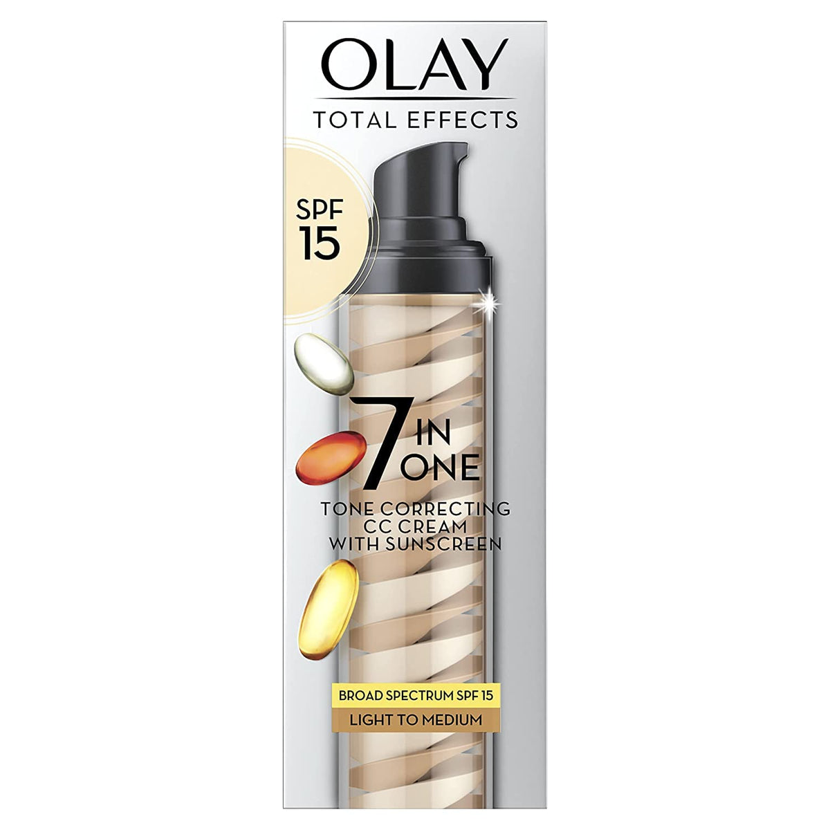 Olay Total Effects 7-in-1 bottle front view showing tone correcting moisturizer for daily hydration.