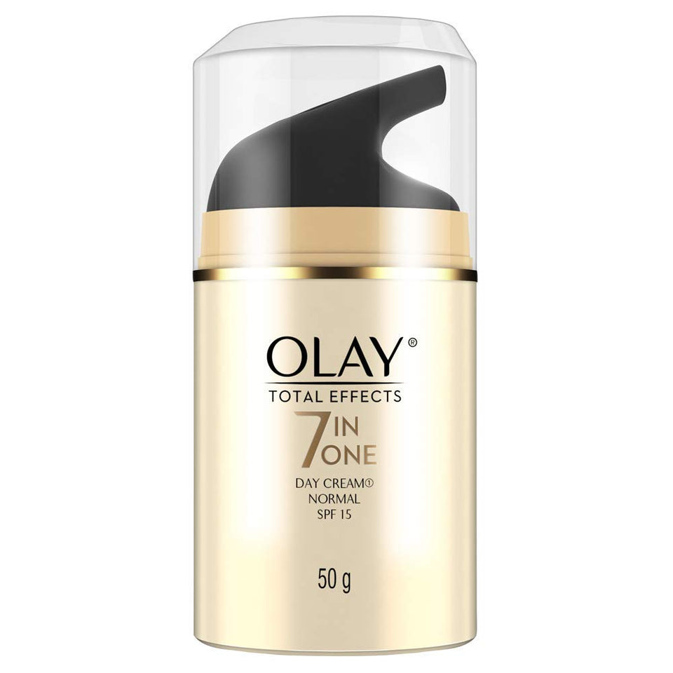 Olay Total Effects 7-in-1 Day Cream packaging shows SPF 15 protection for daily use