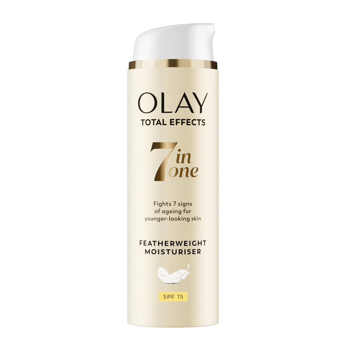 Olay Total Effects feather-weight moisturizer SPF 15 bottle for daily hydration and sun protection.