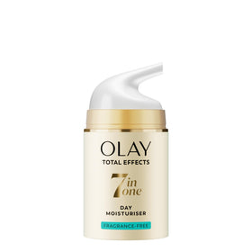 Olay Total Effects fragrance-free day moisturizer bottle showing seven benefits.