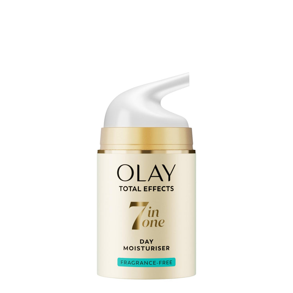 Olay Total Effects fragrance-free day moisturizer bottle showing seven benefits.