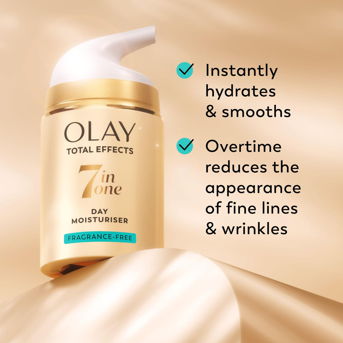 Olay Total Effects Niacinamide on label indicating antioxidant-rich formula for even tone.