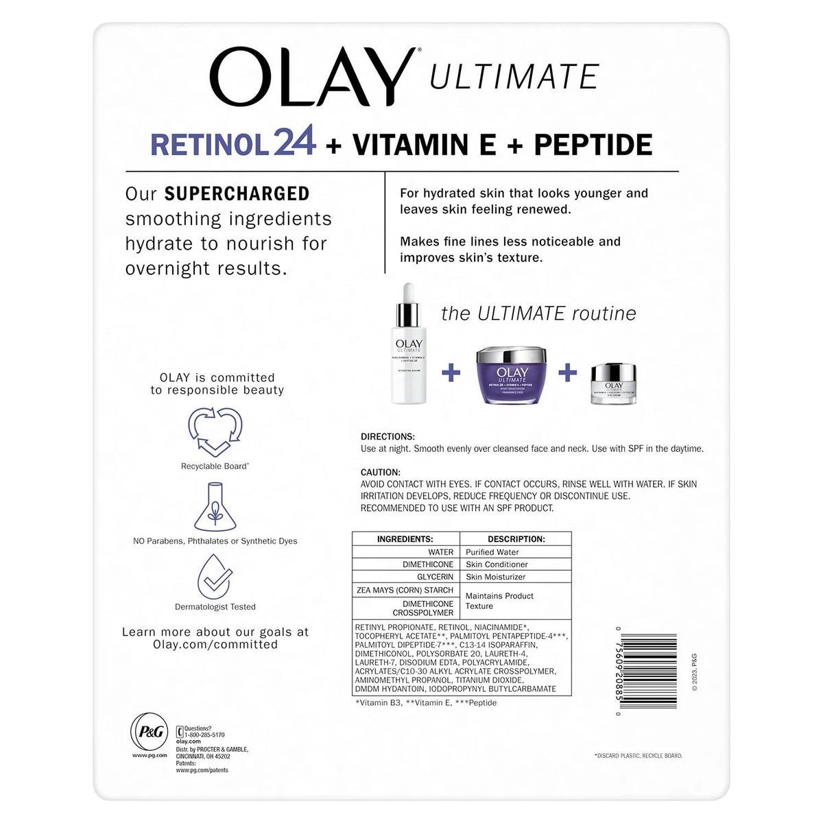 Olay Ultimate Retinol 24 ingredients shot highlights vitamin E and peptides.