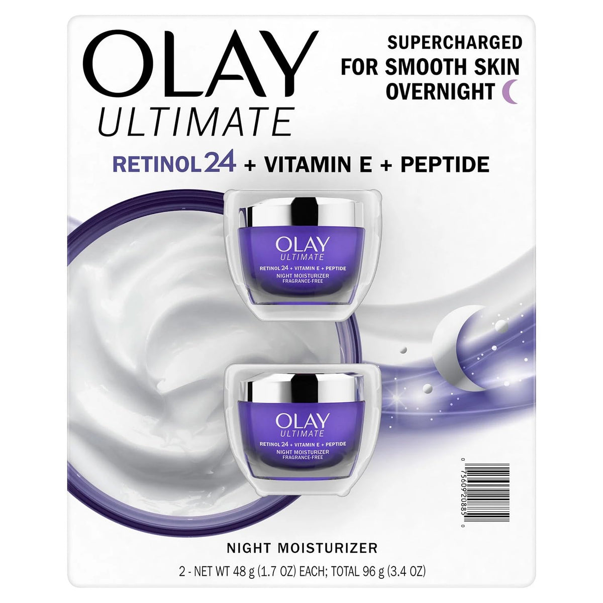 Olay Ultimate Retinol 24 night moisturizer jar closeup shows rich texture for night care.
