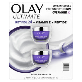 Olay Ultimate Retinol 24 night moisturizer jar closeup shows rich texture for night care.