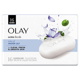 Olay Water Lily cleansing bar close-up, travel-friendly 16-pack for on-the-go skincare.