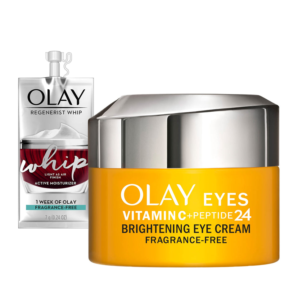 Olay Vitamin C + Peptide 24 Eye Cream bottle close-up highlighting fragrance-free hydration for delicate under eye skin.