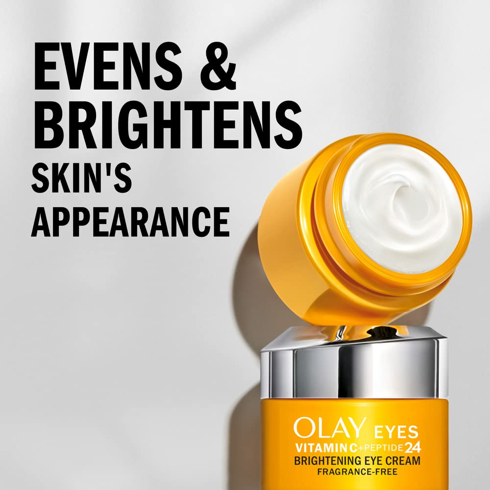 Olay Vitamin C + Peptide 24 Eye Cream tube on surface, cooling, fast-absorbing texture.