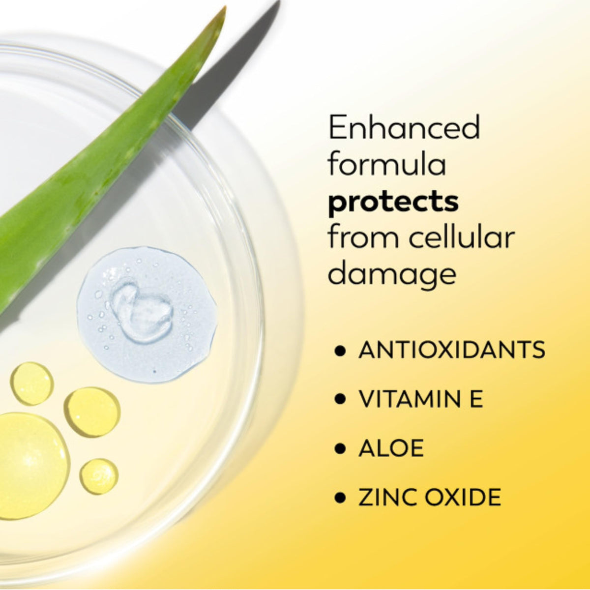 Olay vitamin E and aloe infusion bottle focus hints at radiant, healthy-looking skin.