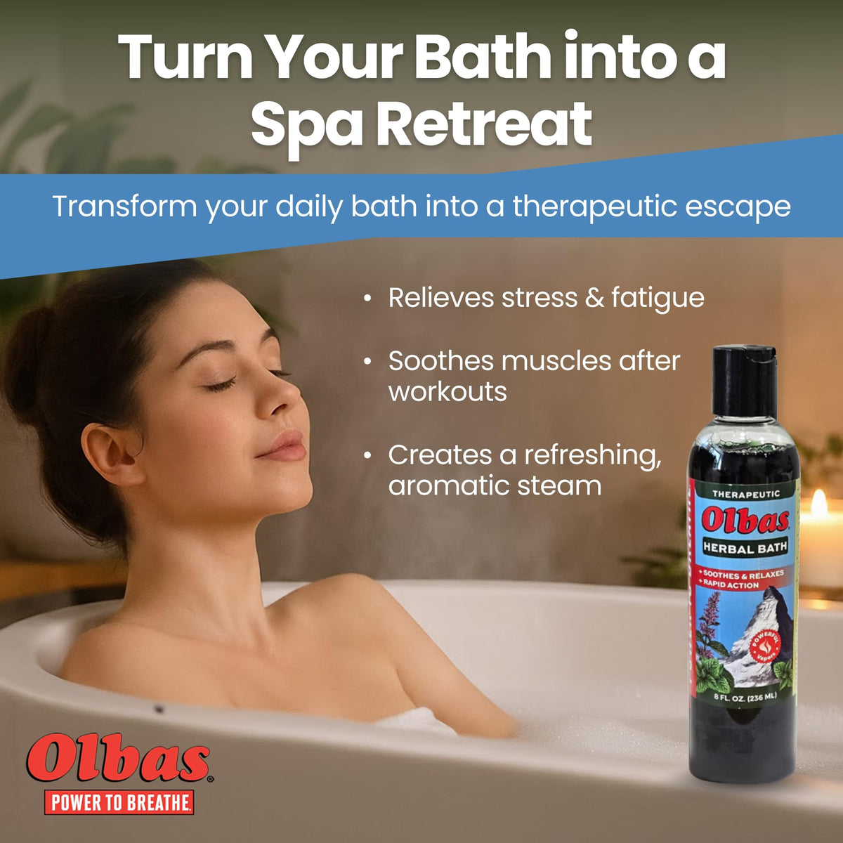Olbas Herbal Bath bubble bath scene shows rich lather for a relaxing soak.