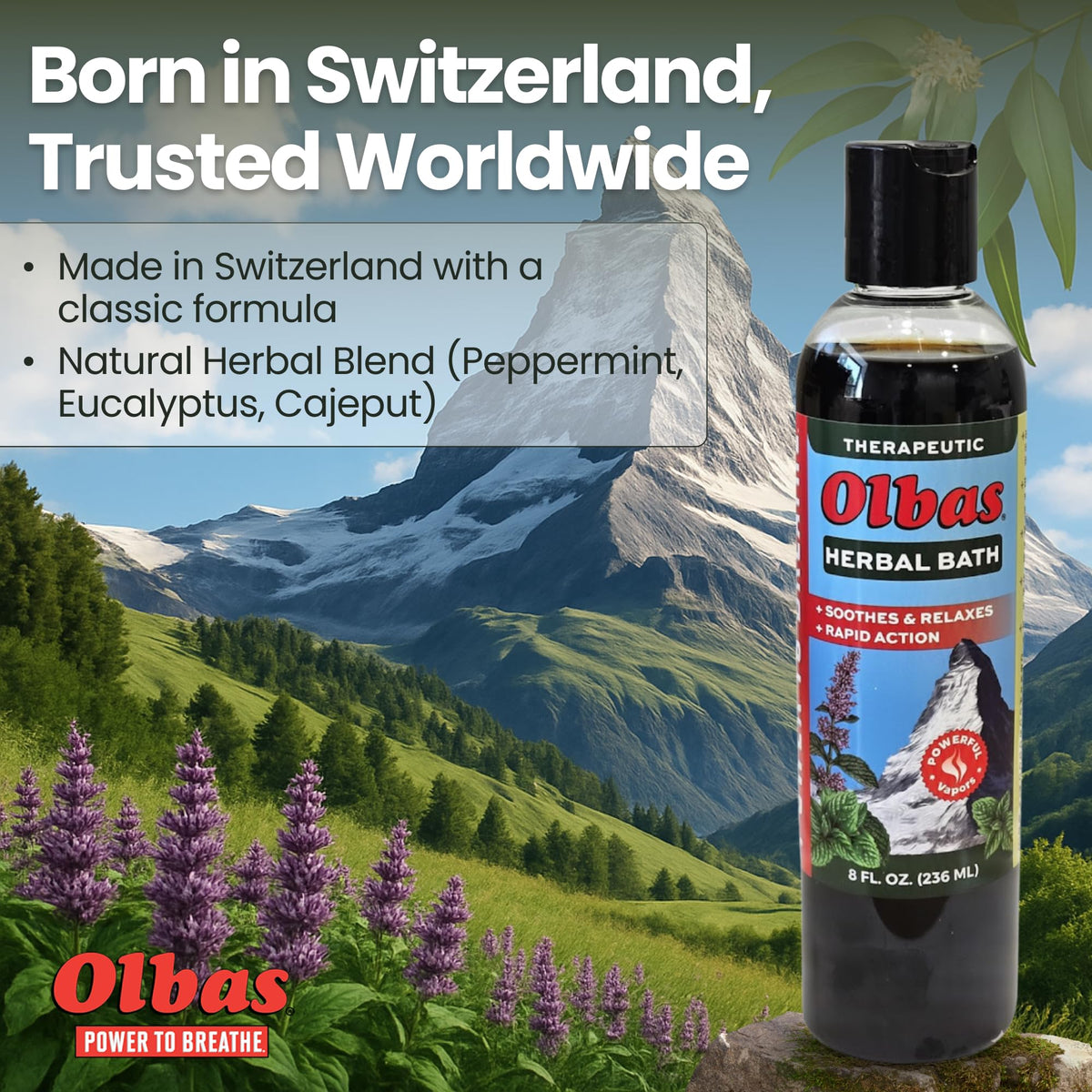 Olbas Herbal Bath aroma evokes refreshing sensation from essential oils.