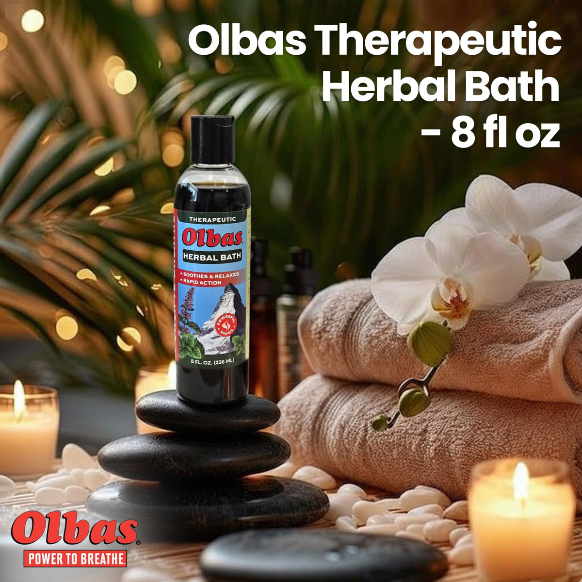 Olbas Herbal Bath in shower demonstrates refreshing body wash use.