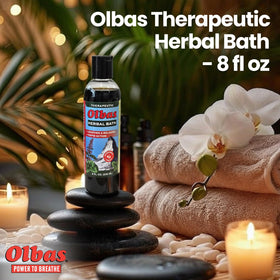 Olbas Herbal Bath in shower demonstrates refreshing body wash use.