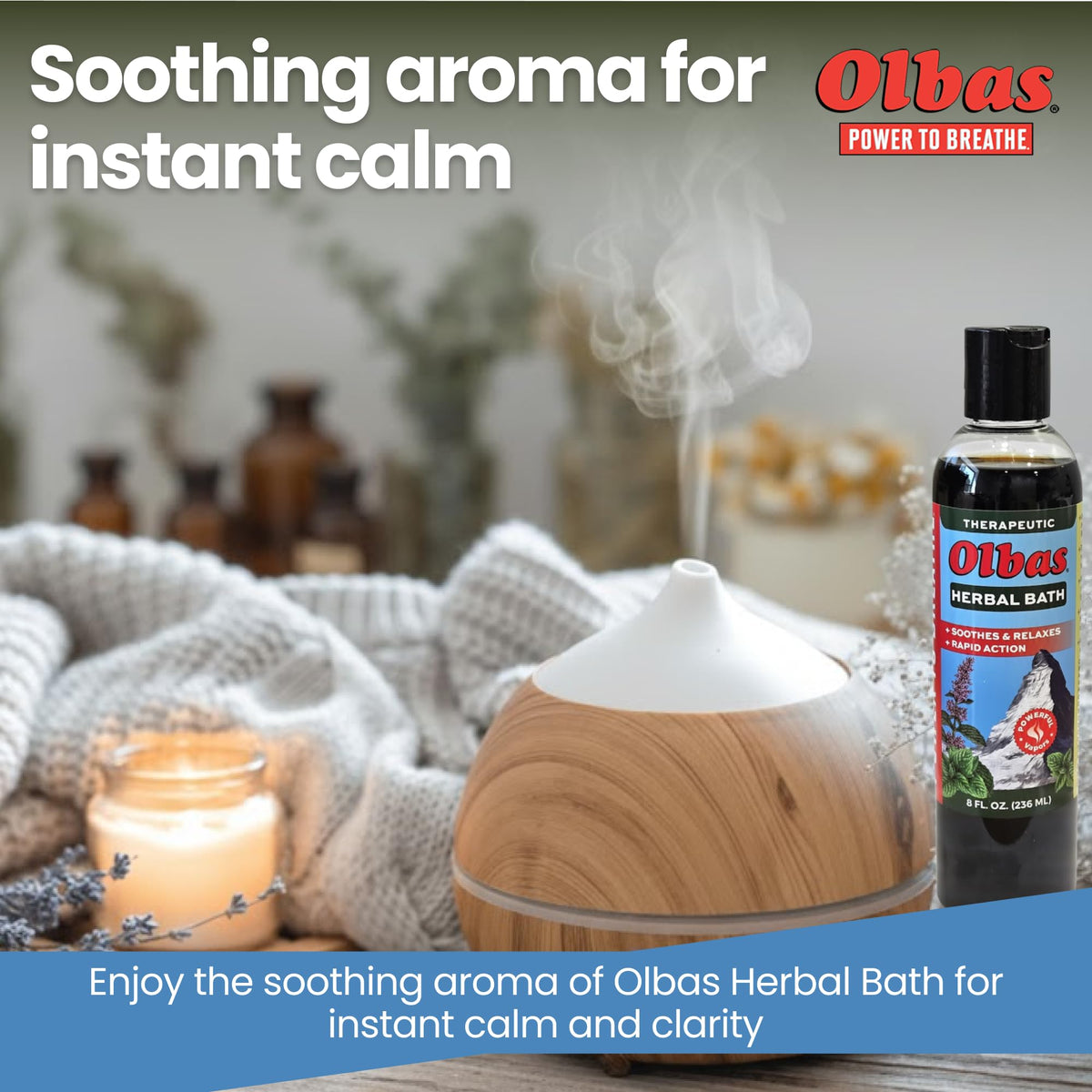 Olbas Herbal Bath tub scene emphasizing versatility in tub or shower.