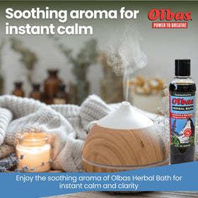 Olbas Herbal Bath tub scene emphasizing versatility in tub or shower.