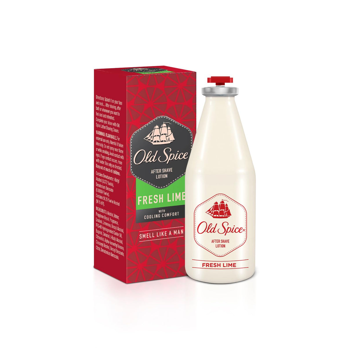 Old Spice Fresh Lime aftershave bottle front with a refreshing scent for daily grooming.