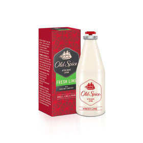 Old Spice Fresh Lime aftershave bottle front with a refreshing scent for daily grooming.