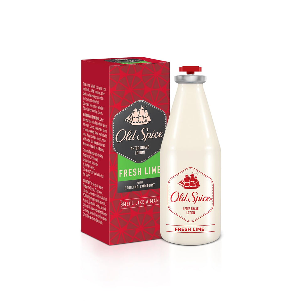 Old Spice Fresh Lime aftershave bottle front with a refreshing scent for daily grooming.