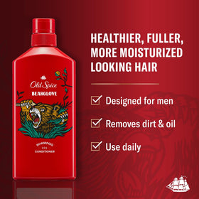 Old Spice Bearglove 2-in-1 shampoo bottle back highlights shampoo/conditioner benefits