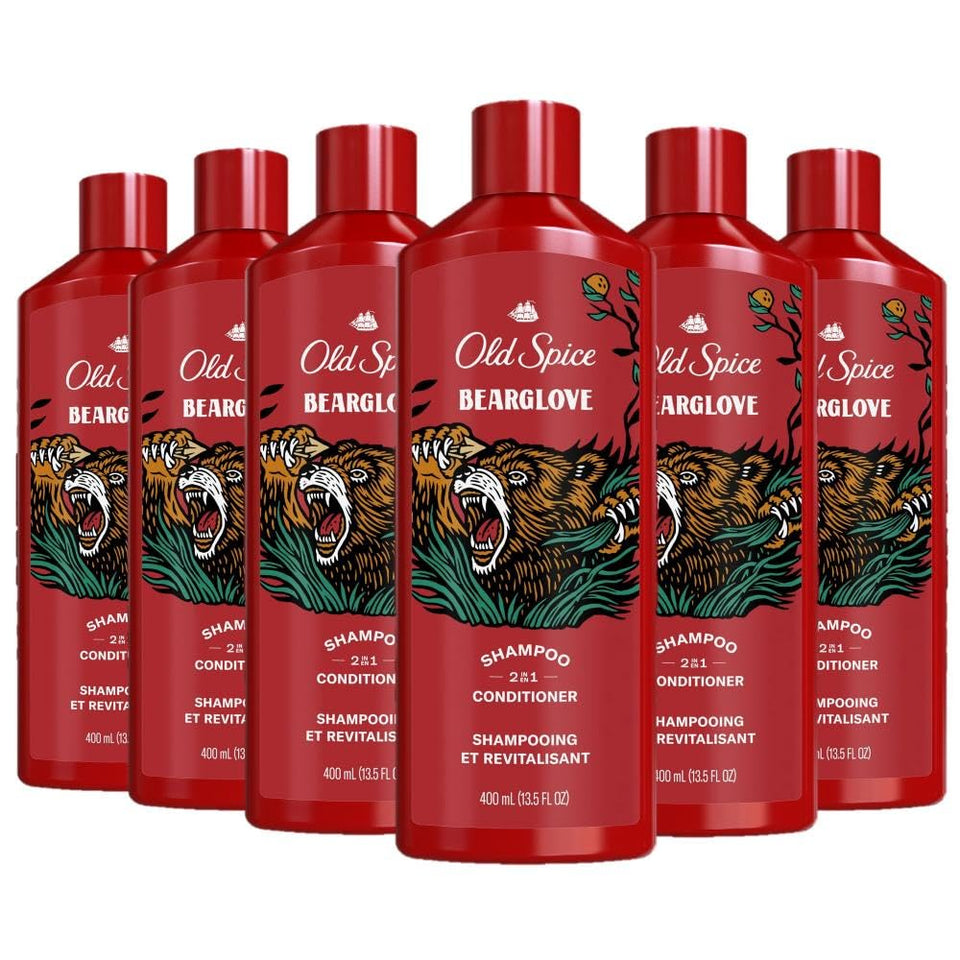Old Spice Bearglove 2-in-1 shampoo bottle front suggests fuller, healthier-looking hair