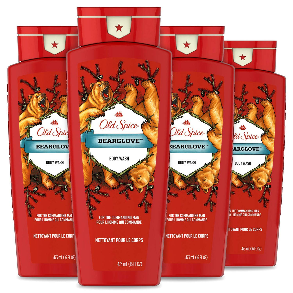 Old Spice Bearglove bottle pour showing rugged fragrance for a morning routine.