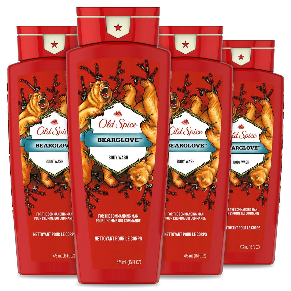 Old Spice Bearglove bottle pour showing rugged fragrance for a morning routine.