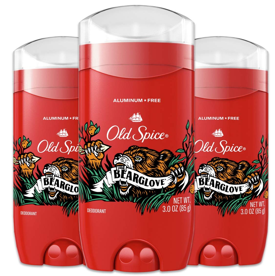 Old Spice Bearglove deodorant stick front view showing aluminum-free protection for 48 hours.