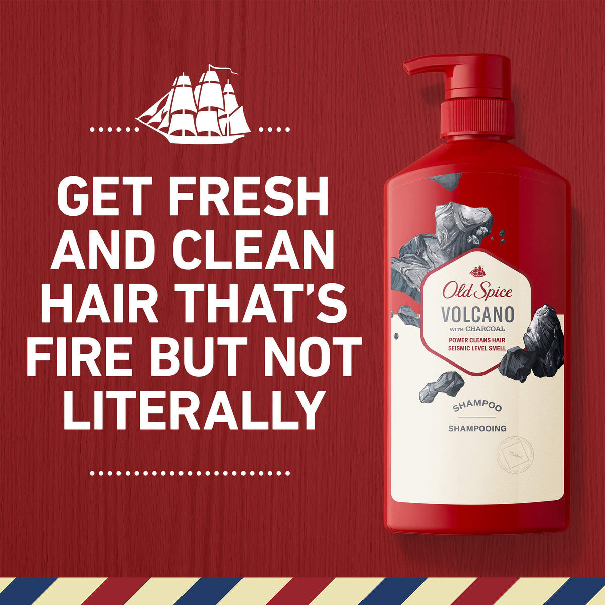 Old Spice Charcoal Shampoo label closeup reveals citrus and amber scent notes.