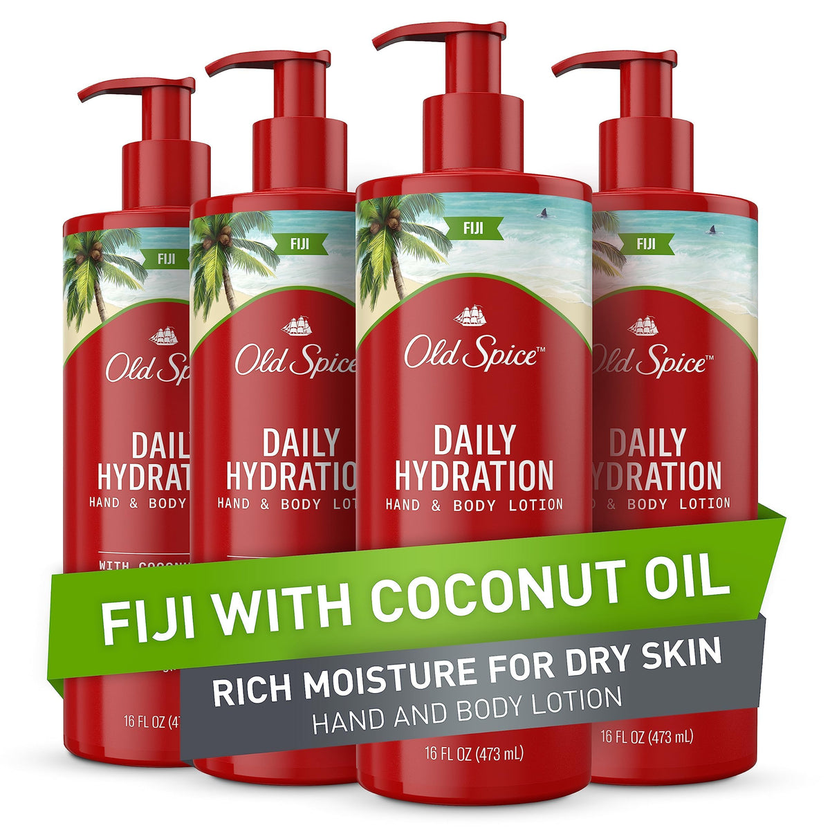 Old Spice Daily Hydration lotion bottle showing coconut oil conditioning for smooth skin.