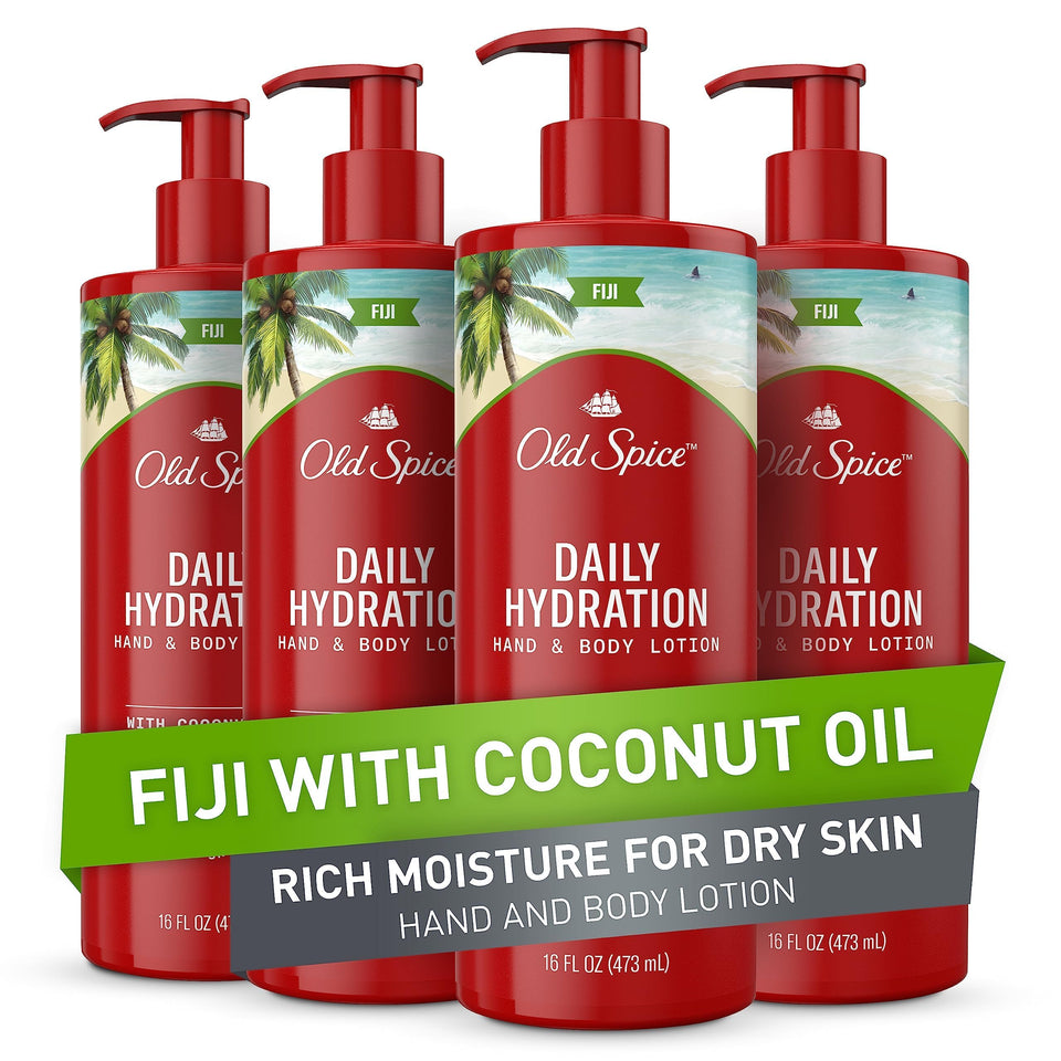 Old Spice Daily Hydration lotion bottle showing coconut oil conditioning for smooth skin.