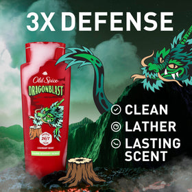 Old Spice Dragonblast foam in use for thorough cleansing and fragrance.