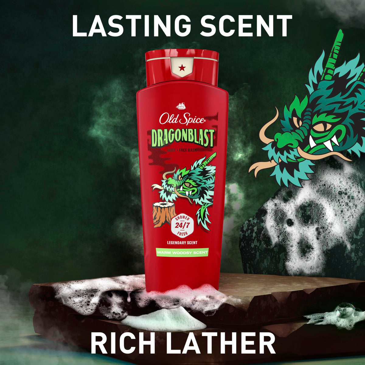 Old Spice Dragonblast logo close-up on sleek bottle.