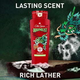 Old Spice Dragonblast logo close-up on sleek bottle.