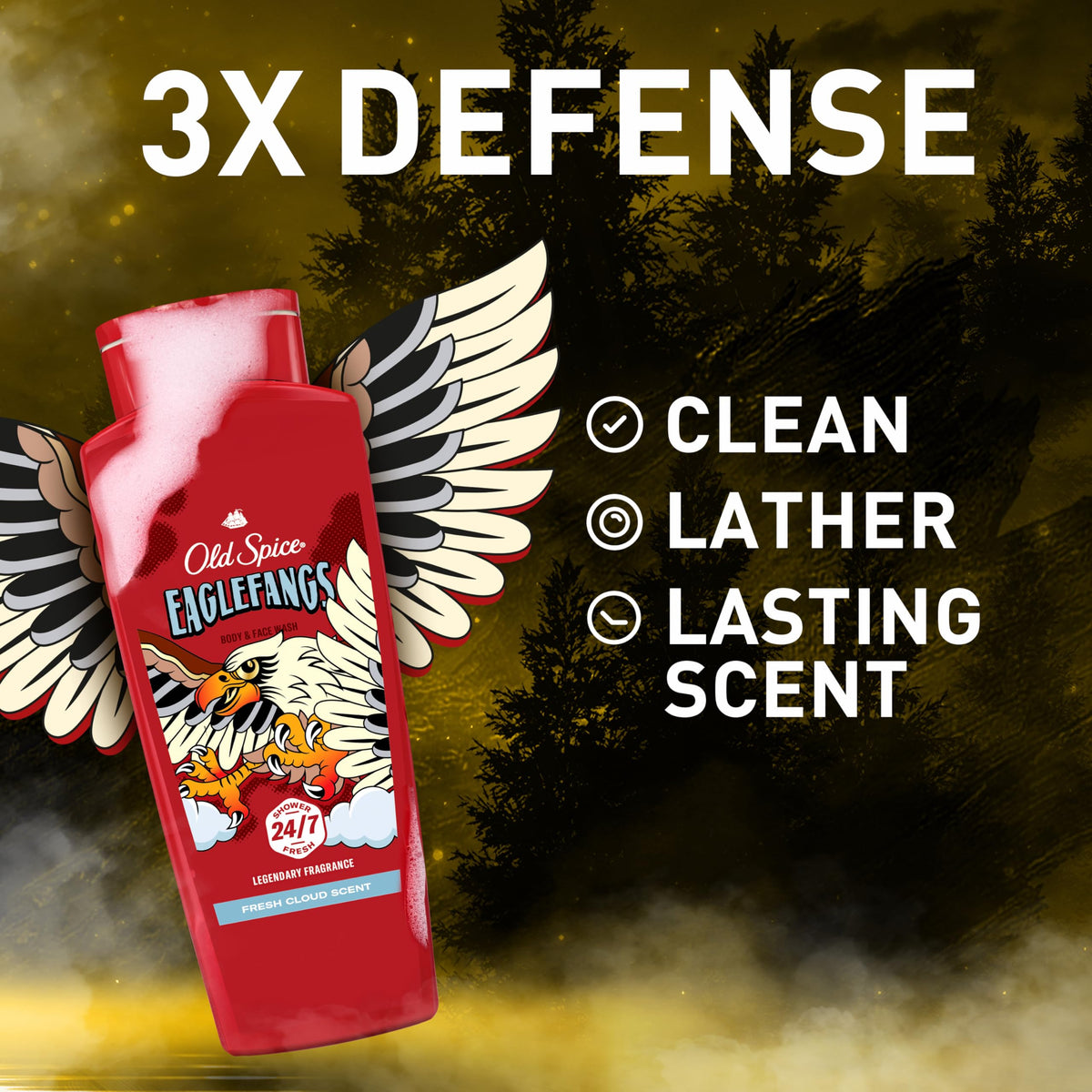 Old Spice Eaglefangs bottle pour highlighting quick, refreshing lather